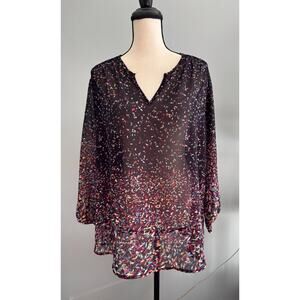 Fun2Fun Sheer 3/4 Sleeve Confetti Print Split Neck Blouse Stitchfix Size 1XL